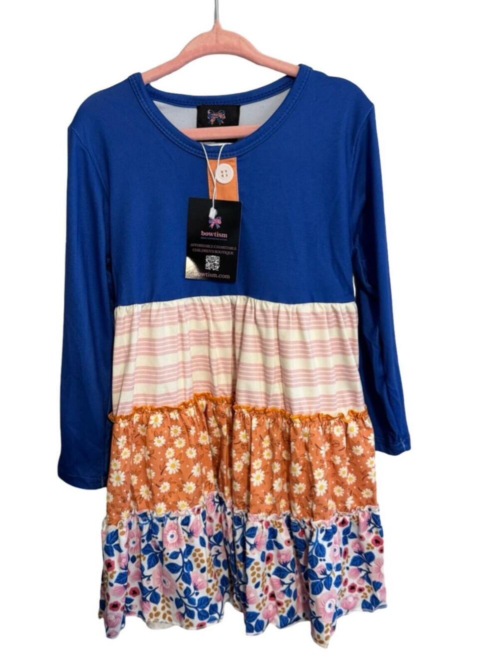 Bowtism Girls Long Sleeve Blue Floral Dress Size 3T Multicolor Cotton Blend NWT